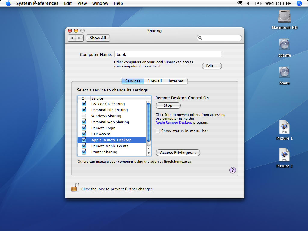 OS X Tiger Sharing Settings